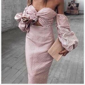 ASILIO Pink & White Striped Off-Shoulder Midi Dress – NWT – Size 6